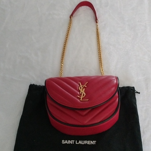 Yves Saint Laurent Calfskin Matelasse Monogram Small Bubble Chain Crossbody Red - Picture 1 of 16